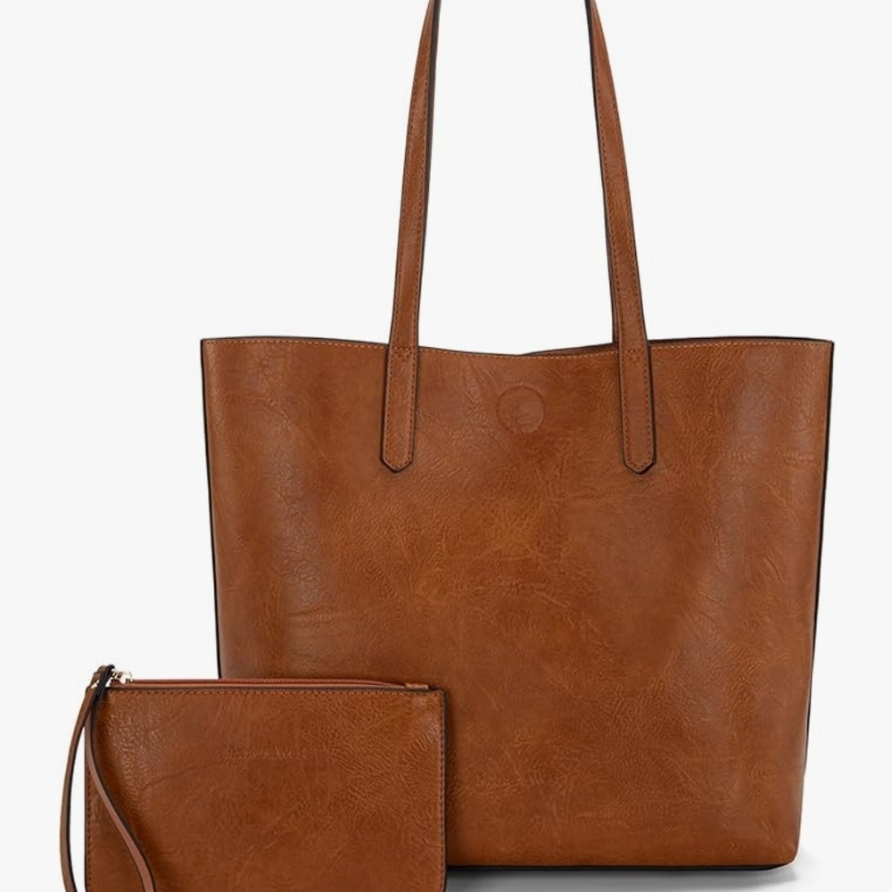 Classic Brown Tote Bag with Wristlet - Women's Shoulder Bag